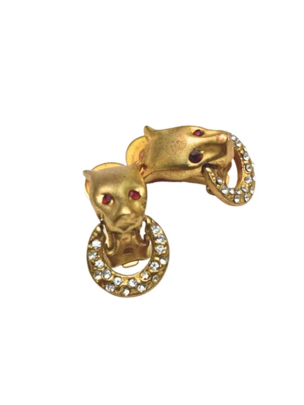 Vintage Gold Tone Egyptian Cat Panther Door Knocker Clip-On Earrings
